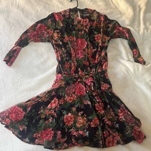 Carole Little Black Dress with Red and Green Floral Design